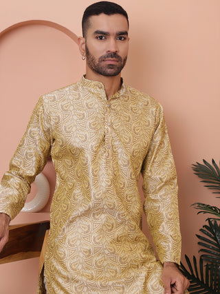 Men Golden Silk Blend Straight Kurta Pyjama Set