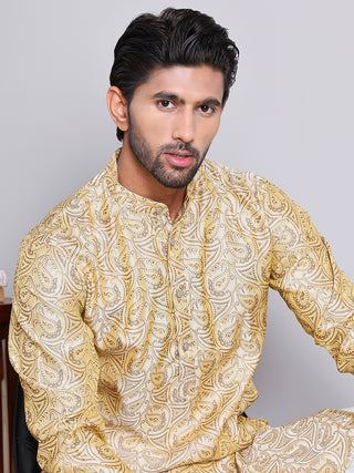 Men Golden Silk Blend Straight Kurta Pyjama Set