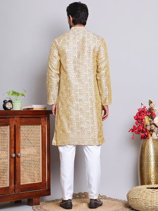 Men Golden Silk Blend Straight Kurta Pyjama Set