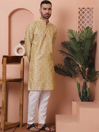 Men Golden Silk Blend Straight Kurta Pyjama Set