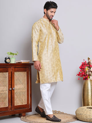 Men Golden Silk Blend Straight Kurta Pyjama Set