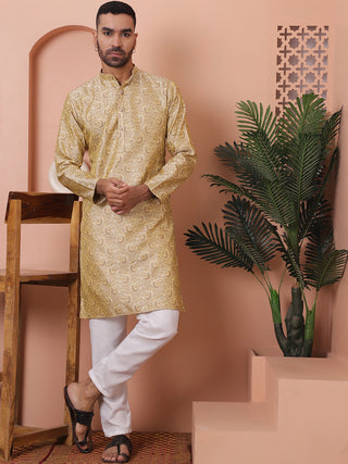 Men Golden Silk Blend Straight Kurta Pyjama Set