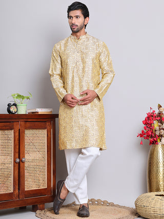 Men Golden Silk Blend Straight Kurta Pyjama Set