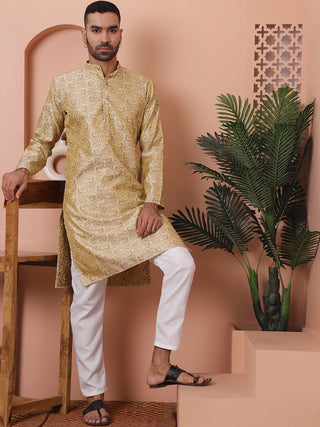 Men Golden Silk Blend Straight Kurta Pyjama Set