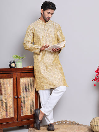 Men Golden Silk Blend Straight Kurta Pyjama Set