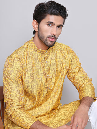 Men Yellow Silk Blend Straight Kurta Pyjama Set