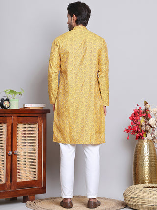 Men Yellow Silk Blend Straight Kurta Pyjama Set