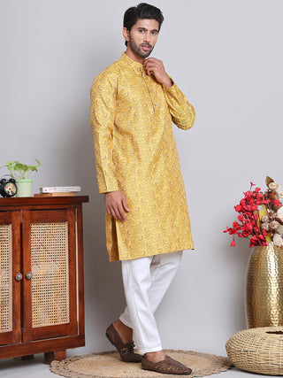 Men Yellow Silk Blend Straight Kurta Pyjama Set