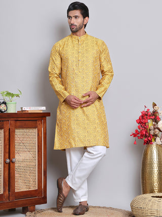 Men Yellow Silk Blend Straight Kurta Pyjama Set