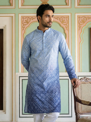 Blue Ombre Printed Kurta Pyjama Set For Men