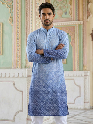 Blue Ombre Printed Kurta Pyjama Set For Men