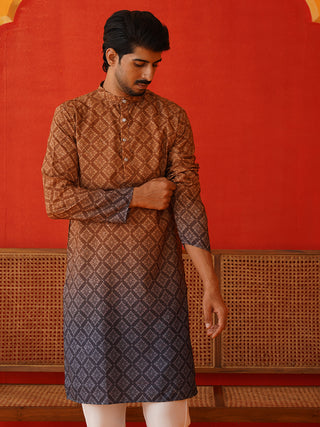 Brown Ombre Printed Kurta Pyjama Set For Men