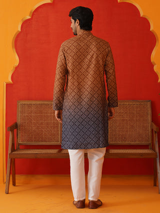 Brown Ombre Printed Kurta Pyjama Set For Men