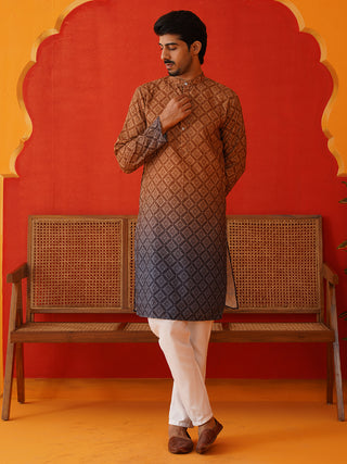 Brown Ombre Printed Kurta Pyjama Set For Men