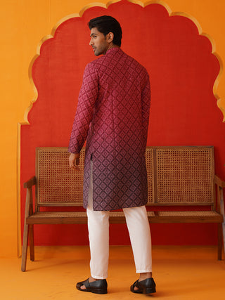 Maroon Ombre Printed Kurta Pyjama Set For Men