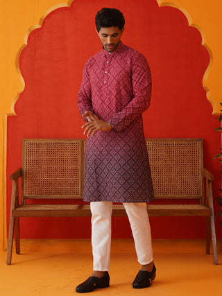 Maroon Ombre Printed Kurta Pyjama Set For Men