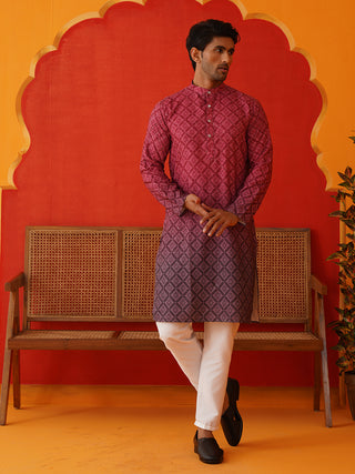 Maroon Ombre Printed Kurta Pyjama Set For Men