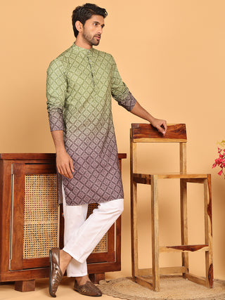 Olive Green Ombre Printed Kurta Pyjama Set For Men
