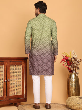 Olive Green Ombre Printed Kurta Pyjama Set For Men