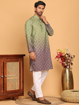 Olive Green Ombre Printed Kurta Pyjama Set For Men