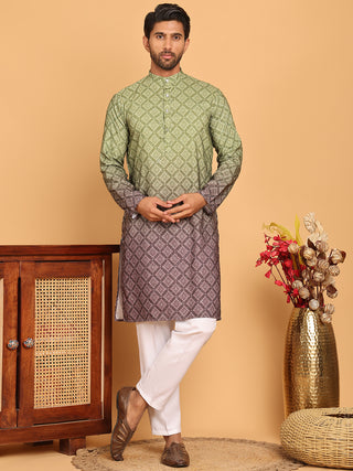 Olive Green Ombre Printed Kurta Pyjama Set For Men