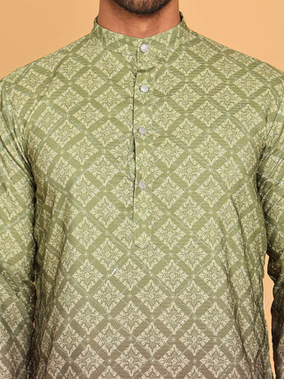 Olive Green Ombre Printed Kurta Pyjama Set For Men