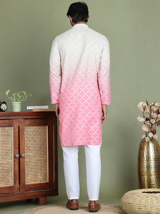 Peach Ombre Printed Kurta Pyjama Set For Men