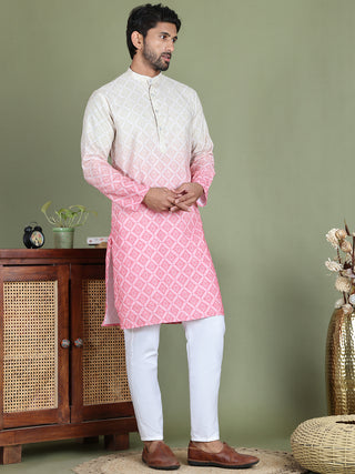 Peach Ombre Printed Kurta Pyjama Set For Men