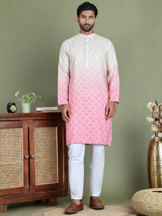 Peach Ombre Printed Kurta Pyjama Set For Men