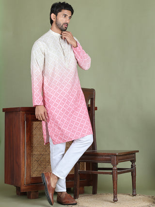 Peach Ombre Printed Kurta Pyjama Set For Men