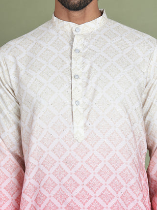 Peach Ombre Printed Kurta Pyjama Set For Men