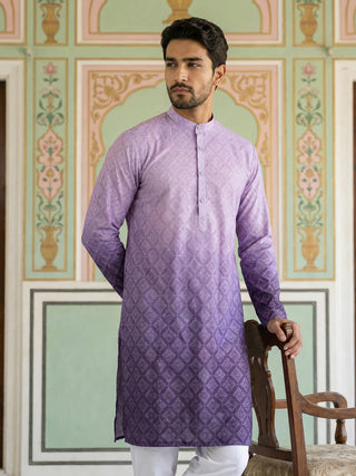 Purple Ombre Printed Kurta Pyjama Set For Men