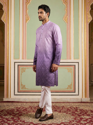 Purple Ombre Printed Kurta Pyjama Set For Men