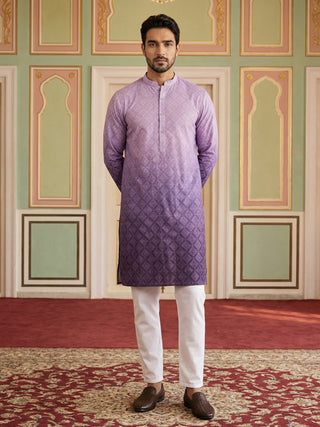 Purple Ombre Printed Kurta Pyjama Set For Men
