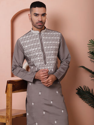 Grey Embroidered With Mirror Work Silk Kurta With Pyjama Set