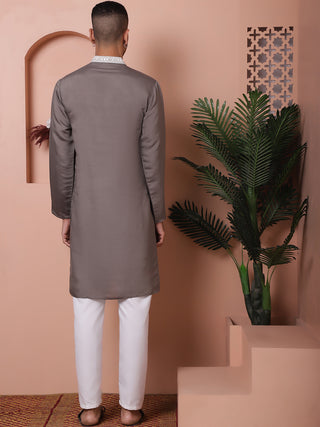 Grey Embroidered With Mirror Work Silk Kurta With Pyjama Set