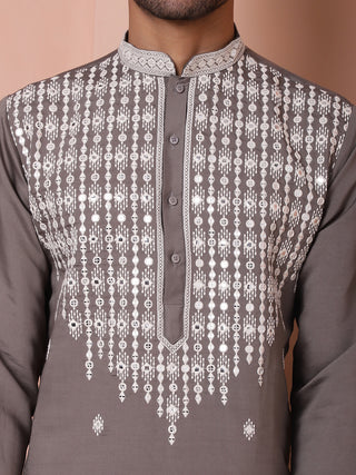 Grey Embroidered With Mirror Work Silk Kurta With Pyjama Set