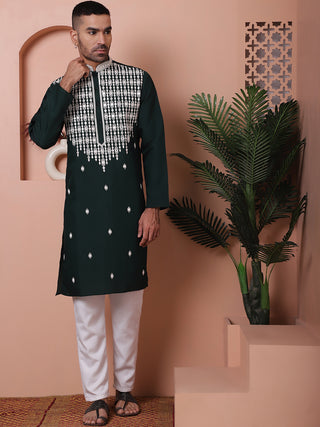 Olive Green Embroidered With Mirror Work Silk Kurta With Pyjama Set