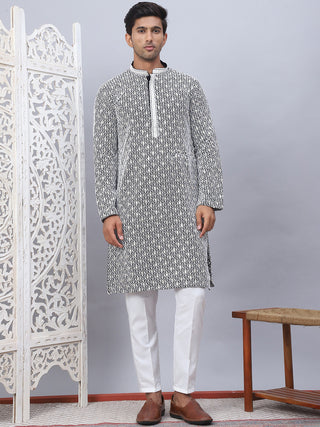 Men's Black Chikankari Embroidered and Sequence Kurta with Pyjama