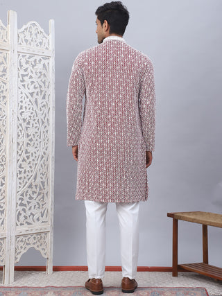 Men's Maroon Chikankari Embroidered and Sequence Kurta with Pyjama