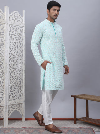 Men's Sky Blue Chikankari Embroidered and Sequence Kurta with Pyjama