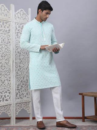 Men's Sky Blue Chikankari Embroidered and Sequence Kurta with Pyjama