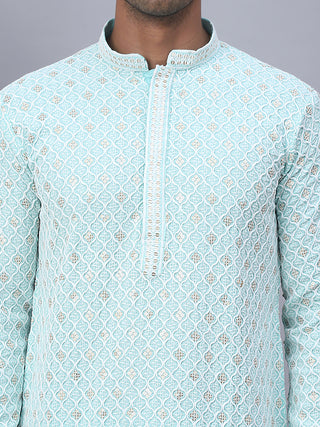 Men's Sky Blue Chikankari Embroidered and Sequence Kurta with Pyjama