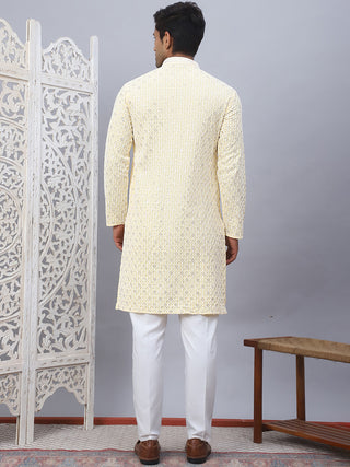 Men's Yellow Chikankari Embroidered and Sequence Kurta with Pyjama