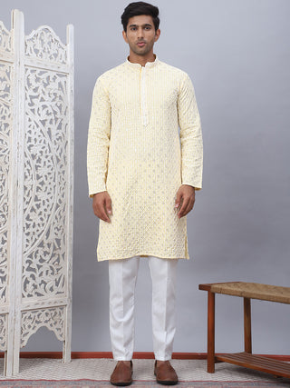 Men's Yellow Chikankari Embroidered and Sequence Kurta with Pyjama