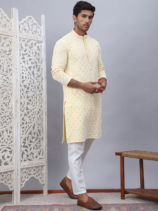 Men's Yellow Chikankari Embroidered and Sequence Kurta with Pyjama