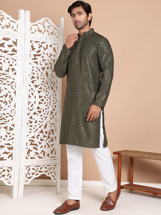 Embroidered and Sequence Kurta with Pyjama For Men