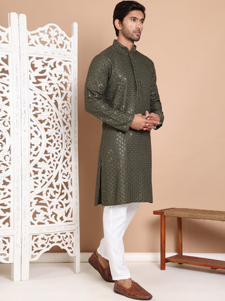 Embroidered and Sequence Kurta with Pyjama For Men