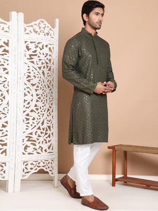 Embroidered and Sequence Kurta with Pyjama For Men