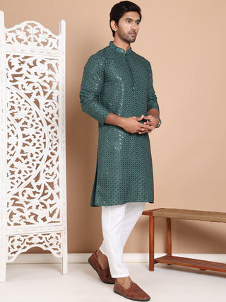 Embroidered and Sequence Kurta with Pyjama For Men